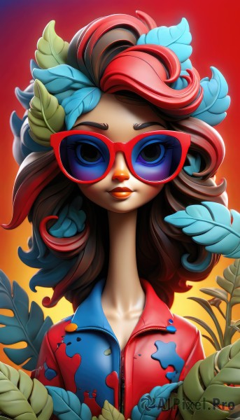 1girl,solo,long hair,looking at viewer,blue eyes,brown hair,hair ornament,collarbone,upper body,red hair,multicolored hair,glasses,artist name,signature,two-tone hair,lips,gradient,gradient background,eyelashes,makeup,leaf,watermark,sunglasses,plant,lipstick,eyeshadow,zipper,curly hair,red lips,tinted eyewear,red-framed eyewear,leaf on head