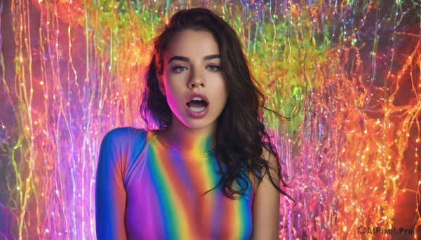 1girl,solo,long hair,looking at viewer,open mouth,blue eyes,brown hair,shirt,black hair,upper body,teeth,dark skin,dark-skinned female,lips,makeup,curly hair,realistic,nose,rainbow,colorful,breasts,sleeveless,tongue,:o,upper teeth only,multicolored clothes,multicolored shirt