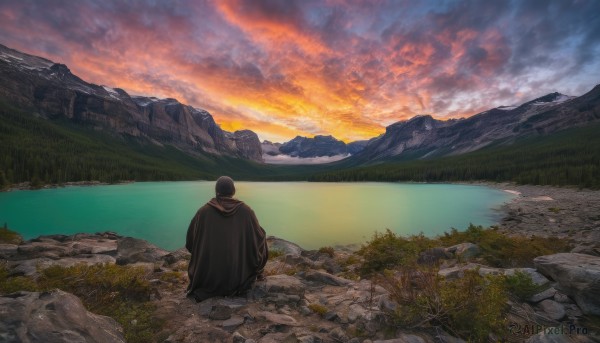 solo,black hair,1boy,sitting,male focus,outdoors,sky,cloud,hood,water,from behind,cape,tree,cloudy sky,grass,nature,scenery,sunset,rock,mountain,horizon,facing away,river,landscape,lake,cloak,reflection,mountainous horizon