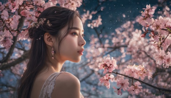 1girl, solo, long hair, brown hair, hair ornament, jewelry, upper body, flower, earrings, outdoors, sky, blurry, lips, night, cherry blossoms, realistic, nose, branch