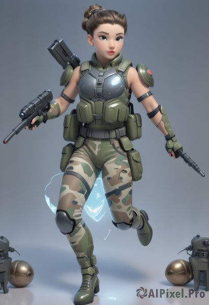 1girl,solo,breasts,short hair,blue eyes,brown hair,gloves,holding,brown eyes,standing,full body,weapon,boots,sleeveless,solo focus,pants,fingerless gloves,hair bun,holding weapon,armor,vest,lips,gun,grey eyes,military,military uniform,makeup,shadow,single hair bun,lipstick,holding gun,rifle,handgun,science fiction,pouch,breastplate,red lips,assault rifle,knee pads,camouflage,explosive,green gloves,grenade,finger on trigger,load bearing vest,bulletproof vest,camouflage pants,body armor,dual wielding