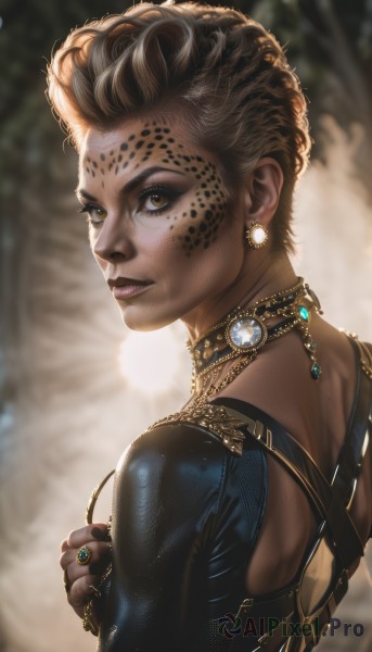 1girl,solo,looking at viewer,short hair,brown hair,dress,brown eyes,jewelry,yellow eyes,upper body,earrings,looking back,dark skin,necklace,from behind,nail polish,mole,blurry,dark-skinned female,lips,eyelashes,makeup,blurry background,ring,lipstick,gem,black nails,freckles,realistic,nose,very short hair,parted lips,choker,back,facial mark,eyeshadow,curly hair,gold