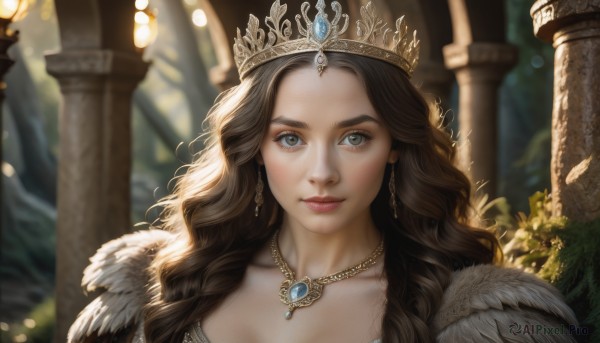 1girl,solo,long hair,breasts,looking at viewer,blue eyes,brown hair,jewelry,closed mouth,collarbone,earrings,outdoors,necklace,blurry,tree,lips,grey eyes,eyelashes,depth of field,blurry background,wavy hair,tiara,feathers,crown,gem,portrait,nature,pendant,realistic,nose,pillar,princess,column,fur trim,sunlight,forehead,backlighting,bokeh,arch