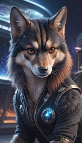 solo,looking at viewer,brown eyes,jacket,upper body,sky,blurry,vest,black jacket,no humans,night,blurry background,animal,cat,star (sky),realistic,leather,animal focus,badge,whiskers,black fur,closed mouth,artist name,watermark,dog,shiba inu