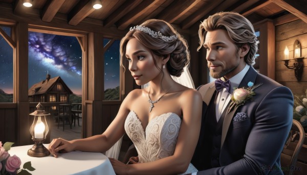 1girl,long hair,breasts,short hair,blue eyes,brown hair,hair ornament,1boy,dress,bow,cleavage,bare shoulders,brown eyes,jewelry,medium breasts,sitting,collarbone,flower,hetero,sky,indoors,bowtie,necklace,hair bun,white dress,looking at another,vest,lips,window,strapless,night,rose,facial hair,chair,formal,table,single hair bun,suit,cross,tiara,couple,star (sky),night sky,veil,strapless dress,beard,pink flower,starry sky,lantern,wedding dress,realistic,lamp,bridal veil,white rose,pink rose,bride,traditional bowtie,husband and wife,wedding,tuxedo,church,groom,smile,shirt,gloves,jacket,white shirt,grey hair,earrings,parted lips,nail polish,cup,bare arms,mustache,candle,old,old man