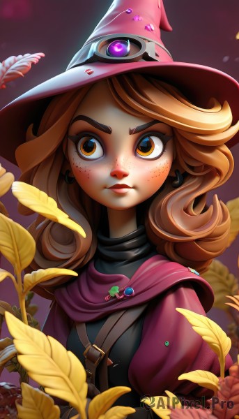 1girl,solo,long hair,brown hair,hat,brown eyes,jewelry,closed mouth,upper body,earrings,puffy sleeves,artist name,cape,lips,looking to the side,witch hat,leaf,looking away,thick eyebrows,feathers,plant,freckles,curly hair,nose,witch,dress,orange hair,orange eyes