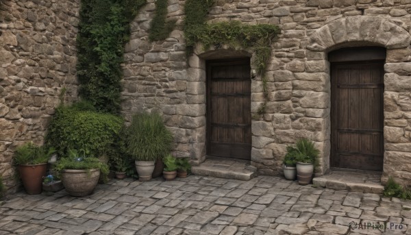 outdoors,no humans,window,grass,plant,scenery,stairs,door,basket,potted plant,wall,brick wall,flower pot,pavement,stone floor,brick,flower,day,bush,brick floor