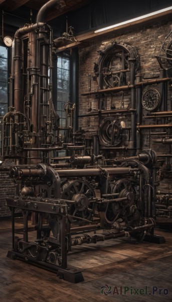 indoors,no humans,window,scenery,wooden floor,clock,gears,industrial pipe,wheel,steampunk,telescope,day,machinery,stairs,railing,roman numeral,railroad tracks,wooden wall,analog clock