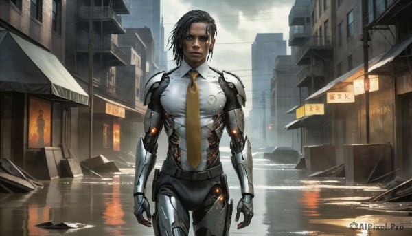 HQ,1girl,solo,breasts,looking at viewer,short hair,blue eyes,black hair,medium breasts,standing,cowboy shot,outdoors,necktie,sky,cloud,water,lips,bodysuit,cloudy sky,fire,building,reflection,science fiction,rain,city,realistic,arms at sides,android,joints,mechanical arms,yellow necktie,cyborg,single mechanical arm,robot joints,skyscraper,cyberpunk,shirt,closed mouth,white shirt,dark skin,ground vehicle,motor vehicle,sign,car,road,cityscape,street