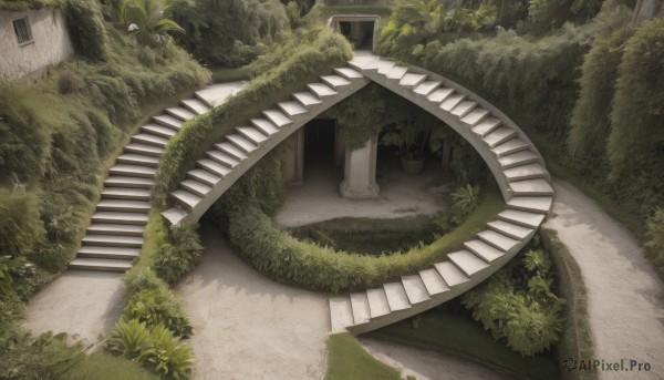 outdoors,day,tree,no humans,window,from above,grass,plant,building,nature,scenery,forest,stairs,door,road,bush,house,path,moss