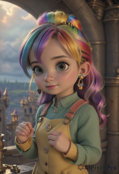 1girl,solo,long hair,looking at viewer,blush,smile,bangs,blonde hair,shirt,hair ornament,long sleeves,dress,jewelry,closed mouth,upper body,ponytail,pink hair,purple hair,multicolored hair,earrings,outdoors,sky,day,collared shirt,artist name,cloud,signature,blurry,black eyes,two-tone hair,lips,streaked hair,grey eyes,eyelashes,buttons,depth of field,blurry background,watermark,cloudy sky,child,web address,clenched hands,freckles,nose,green shirt,female child,overalls,castle,lighthouse,brown eyes,green eyes,blue hair,red hair,sweater,fingernails,wavy hair,realistic,rainbow hair