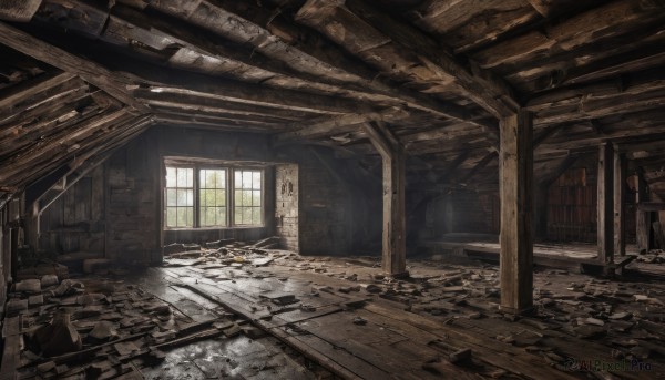 day,indoors,dutch angle,no humans,window,chair,sunlight,scenery,light rays,wooden floor,door,ruins,broken,crack,debris,broken glass,rubble,broken window,rock