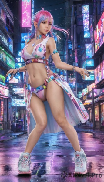 1girl,solo,long hair,breasts,bangs,blue eyes,navel,cleavage,bare shoulders,jewelry,medium breasts,closed mouth,underwear,blue hair,standing,swimsuit,full body,pink hair,bikini,multicolored hair,earrings,outdoors,shoes,choker,midriff,belt,necklace,stomach,nail polish,collar,bracelet,two-tone hair,lips,streaked hair,crop top,fingernails,see-through,legs,looking to the side,bare legs,makeup,night,looking away,piercing,white footwear,ring,building,pink panties,sneakers,ear piercing,armlet,blue nails,reflection,science fiction,city,realistic,can,pink bikini,road,navel piercing,aqua nails,street,holding can,showgirl skirt,cyberpunk,reflective floor,neon lights,looking at viewer,large breasts,panties,thighs,parted lips,highleg,armband,toned,car,storefront