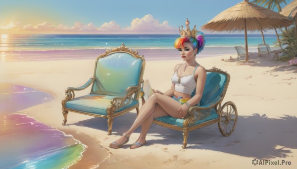 1girl,solo,breasts,short hair,blue eyes,navel,cleavage,jewelry,medium breasts,sitting,swimsuit,full body,ponytail,pink hair,purple hair,flower,bikini,multicolored hair,earrings,outdoors,sky,shorts,day,midriff,cloud,water,necklace,nail polish,orange hair,two-tone hair,lips,crop top,legs,book,short shorts,bare legs,makeup,toes,shadow,ocean,umbrella,chair,beach,sandals,crossed legs,tank top,crown,lipstick,camisole,eyeshadow,personification,toenails,open book,sand,palm tree,horizon,toenail polish,reading,summer,beach umbrella,armchair,flip-flops,beach chair,rainbow hair,smile,hair ornament,bare shoulders,blue hair,red hair,bracelet,tree,watermark,piercing,sunlight