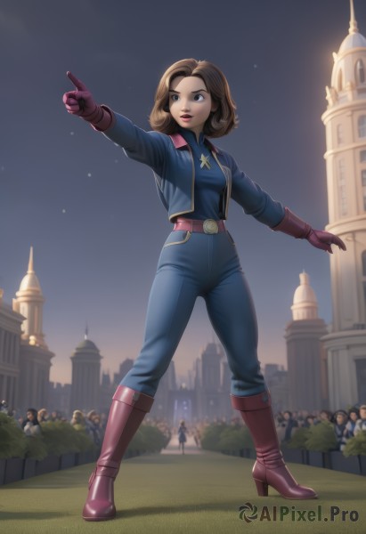 1girl,breasts,smile,short hair,blue eyes,brown hair,gloves,brown eyes,medium breasts,standing,jacket,full body,boots,outdoors,multiple boys,sky,solo focus,belt,pants,medium hair,high heels,lips,bodysuit,makeup,night,knee boots,lipstick,pointing,blue jacket,building,red footwear,star (sky),night sky,red gloves,high heel boots,cropped jacket,6+boys,blue pants,castle,multiple girls,small breasts,necklace,cosplay,pink footwear,superhero