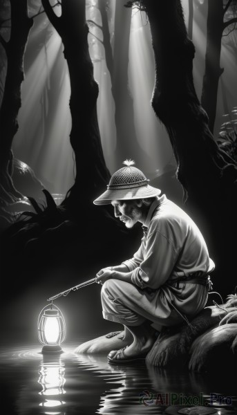 solo,short hair,long sleeves,1boy,hat,holding,sitting,closed mouth,monochrome,greyscale,male focus,outdoors,japanese clothes,pants,water,from side,tree,profile,facial hair,looking down,sandals,squatting,nature,forest,reflection,lantern,straw hat,ripples,river,stream,scenery,smoking pipe,kiseru,pond