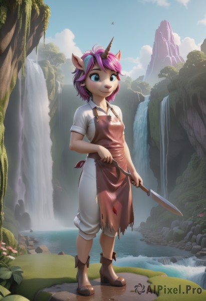 1girl,solo,breasts,smile,short hair,bangs,blue eyes,shirt,holding,animal ears,closed mouth,standing,tail,full body,white shirt,weapon,pink hair,purple hair,flower,short sleeves,multicolored hair,small breasts,boots,outdoors,horns,sky,day,pants,artist name,cloud,signature,water,holding weapon,apron,two-tone hair,tree,blue sky,streaked hair,torn clothes,watermark,brown footwear,happy,horse ears,grass,knife,nature,furry,single horn,personification,rock,white pants,furry female,holding knife,dirty,river,waterfall,torn pants,deer ears,hooves,blush,collared shirt,looking away,aircraft,airplane,cliff,moss,pond,stream