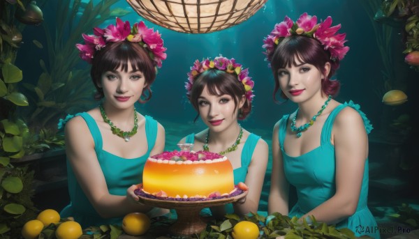 breasts,looking at viewer,smile,short hair,bangs,multiple girls,brown hair,black hair,hair ornament,dress,holding,cleavage,bare shoulders,brown eyes,jewelry,medium breasts,closed mouth,upper body,flower,earrings,small breasts,food,sleeveless,hair flower,3girls,water,necklace,hair bun,black eyes,lips,makeup,fruit,blue dress,leaf,single hair bun,plant,cake,realistic,nose,candle,head wreath,pearl necklace,lily pad,birthday cake,pineapple,siblings,sisters,plate,green dress,underwater,lemon,aqua dress