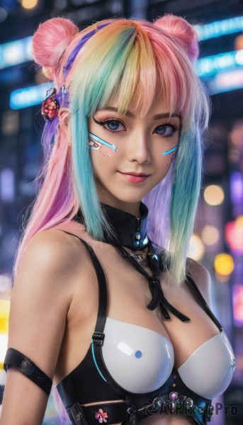 1girl,solo,long hair,breasts,looking at viewer,smile,bangs,blue eyes,blonde hair,hair ornament,cleavage,bare shoulders,jewelry,medium breasts,closed mouth,blue hair,upper body,pink hair,multicolored hair,hair bun,blurry,covered nipples,two-tone hair,lips,see-through,double bun,aqua hair,gradient hair,makeup,detached collar,depth of field,blurry background,facial mark,science fiction,realistic,nose,cyberpunk,underwear,swimsuit,artist name,necklace,bra,eyelashes,piercing