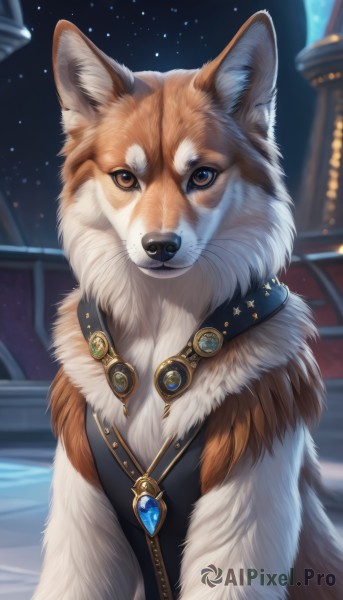 solo,looking at viewer,brown eyes,jewelry,upper body,outdoors,sky,necklace,blurry,collar,no humans,night,animal,brooch,gem,star (sky),night sky,pendant,starry sky,dog,animal focus,blue gemstone,blue eyes,artist name,moon,fur collar,white fur