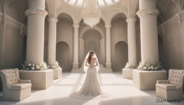 1girl,solo,long hair,breasts,brown hair,black hair,gloves,dress,bare shoulders,jewelry,standing,full body,closed eyes,ponytail,flower,elbow gloves,indoors,white gloves,dark skin,from behind,white dress,dark-skinned female,see-through,strapless,sunlight,white flower,veil,scenery,strapless dress,bouquet,wedding dress,backless outfit,long dress,bridal veil,backless dress,wide shot,white rose,bride,pillar,statue,church,arch,column,hair ornament,medium breasts,day,window,wedding