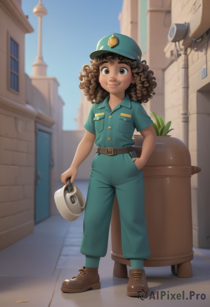 1girl,solo,long hair,looking at viewer,smile,brown hair,shirt,hat,holding,brown eyes,standing,full body,short sleeves,outdoors,sky,shoes,day,collared shirt,belt,pants,dark skin,uniform,dark-skinned female,blue sky,lips,brown footwear,helmet,blue shirt,plant,building,blue headwear,curly hair,pocket,black belt,hand in pocket,potted plant,breast pocket,green pants,closed mouth,socks,medium hair,blurry,window,buttons,blurry background,shadow,watermark,thick eyebrows,watering can