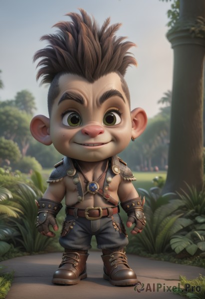 solo,looking at viewer,smile,short hair,brown hair,gloves,1boy,navel,brown eyes,jewelry,green eyes,standing,full body,male focus,boots,outdoors,parted lips,teeth,day,belt,pants,fingerless gloves,necklace,chibi,armor,mole,blurry,tree,mole under eye,muscular,blurry background,brown footwear,black pants,thick eyebrows,grass,pectorals,spiked hair,shoulder armor,brown gloves,pauldrons,topless male,bush,male child,leather,pillar,single pauldron,nipples,sky,artist name,leaf,abs,freckles,realistic,mohawk