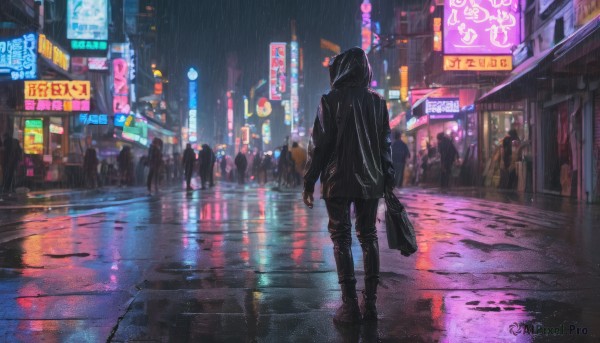 holding, standing, jacket, outdoors, solo focus, pants, hood, bag, from behind, night, building, scenery, hood up, walking, rain, city, sign, road, holding bag, multiple others, street, city lights, neon lights, people