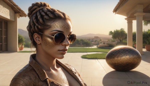 1girl,solo,short hair,brown hair,shirt,black hair,jewelry,collarbone,jacket,upper body,braid,earrings,outdoors,parted lips,day,dark skin,hair bun,dark-skinned female,tree,lips,tattoo,sunglasses,plant,building,scenery,sunset,realistic,nose,potted plant,house,very dark skin,dreadlocks,cactus,aviator sunglasses,smile,brown eyes,closed eyes,food,sky,teeth,makeup,sunlight,thick eyebrows,bandaid,backlighting,round eyewear,bandaid on face,bush,shade,facial tattoo,garden,coconut