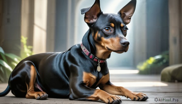 HQ,solo,looking at viewer,brown eyes,closed mouth,full body,outdoors,day,indoors,blurry,collar,no humans,depth of field,blurry background,animal,plant,dog,realistic,animal focus,animal collar,lying,signature,on stomach,web address,red collar,deviantart username