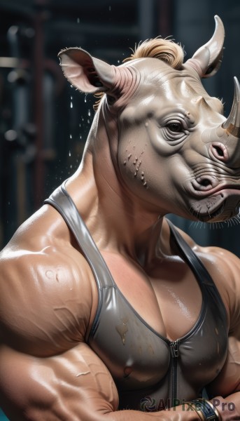 solo,blonde hair,1boy,animal ears,bare shoulders,jewelry,nipples,upper body,male focus,horns,artist name,blurry,bracelet,covered nipples,mask,muscular,blurry background,tank top,pectorals,muscular male,bara,zipper,large pectorals,veins,cow horns,manly,pectoral cleavage,biceps,thick arms,sidepec,veiny arms,pectoral focus,wet,piercing,wristband,furry,realistic,furry male,dripping,tusks