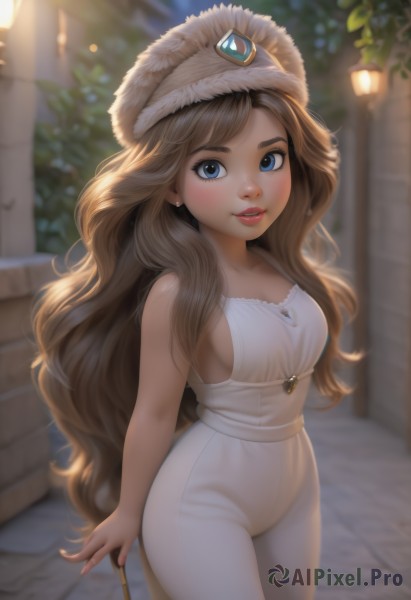 1girl,solo,long hair,breasts,looking at viewer,blush,smile,blue eyes,blonde hair,brown hair,hat,dress,holding,cleavage,bare shoulders,jewelry,medium breasts,very long hair,standing,cowboy shot,earrings,outdoors,parted lips,teeth,sleeveless,pants,artist name,white dress,blurry,lips,bare arms,sideboob,depth of field,blurry background,wavy hair,arms behind back,gem,freckles,white pants,fur hat,high-waist pants,ushanka,bangs,collarbone,small breasts,lamppost,yoga pants