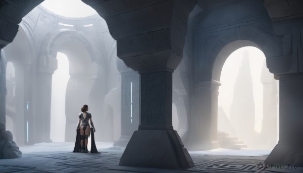 1girl,solo,short hair,brown hair,thighhighs,gloves,bare shoulders,standing,ass,boots,elbow gloves,indoors,from behind,cape,black footwear,armor,leotard,knee boots,scenery,backlighting,ruins,wide shot,pillar,column,weapon,high heels,thigh boots,high heel boots