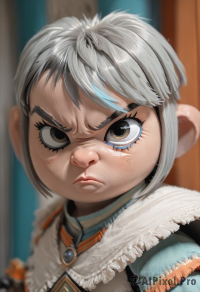 1girl,solo,looking at viewer,short hair,bangs,brown eyes,closed mouth,upper body,grey hair,multicolored hair,frills,artist name,blurry,black eyes,lips,v-shaped eyebrows,grey eyes,eyelashes,depth of field,blurry background,frown,child,portrait,angry,close-up,serious,nose,female child,jewelry,parody,realistic