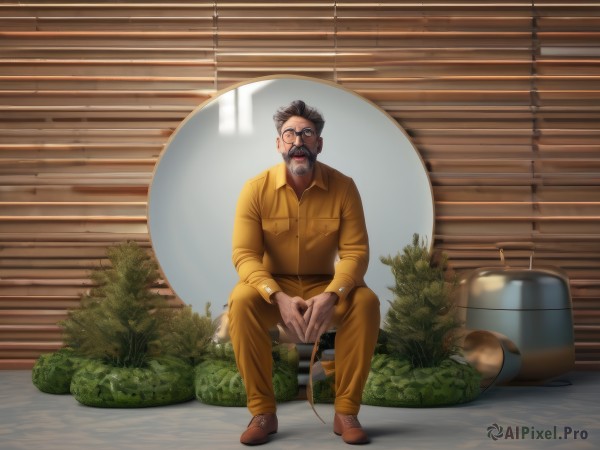 solo,looking at viewer,short hair,shirt,black hair,long sleeves,1boy,sitting,closed mouth,full body,grey hair,male focus,shoes,glasses,collared shirt,pants,indoors,facial hair,brown footwear,own hands together,plant,beard,black-framed eyewear,pocket,realistic,round eyewear,mustache,breast pocket,old,old man,jumpsuit,wrinkled skin,open mouth,jacket,day,artist name,tree,window,chair,parody,yellow shirt,blinds