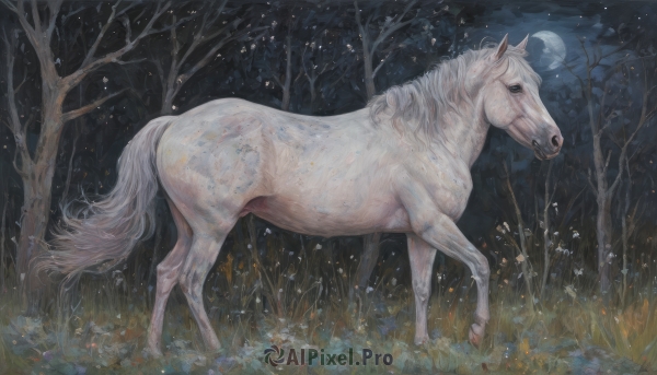 solo,full body,flower,outdoors,sky,signature,from side,tree,no humans,night,animal,traditional media,moon,grass,star (sky),nature,night sky,full moon,forest,realistic,painting (medium),animal focus,horse,bare tree,field,acrylic paint (medium)