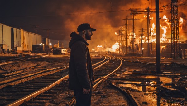 solo,short hair,black hair,long sleeves,1boy,hat,standing,jacket,male focus,outdoors,sky,pants,cloud,hood,from side,black jacket,black headwear,hoodie,profile,facial hair,black pants,hood down,ground vehicle,building,scenery,baseball cap,smoke,sunset,city,cityscape,bridge,power lines,train,railroad tracks,mask,cloudy sky,fire,motor vehicle,beard,realistic,road,dark,black hoodie,utility pole,train station