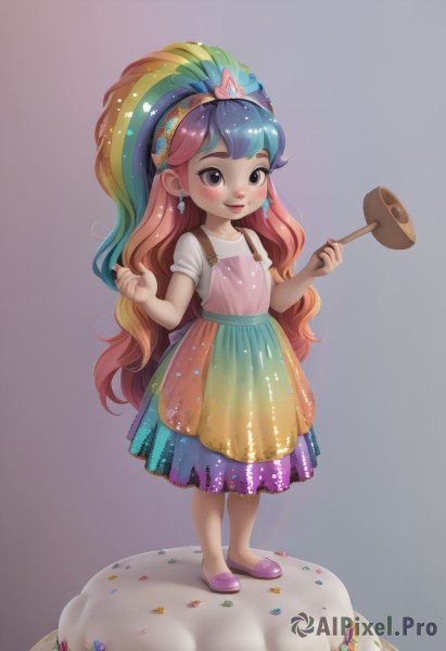 1girl,solo,long hair,looking at viewer,blush,smile,bangs,skirt,simple background,shirt,hair ornament,dress,holding,jewelry,very long hair,closed mouth,standing,collarbone,full body,white shirt,pink hair,flower,short sleeves,pantyhose,multicolored hair,hairband,earrings,food,green hair,shoes,artist name,grey background,star (symbol),orange hair,apron,lips,gradient,grey eyes,hands up,gradient background,gradient hair,makeup,gem,child,multicolored clothes,personification,star hair ornament,pink footwear,slippers,purple footwear,multicolored dress,multicolored skirt,rainbow order,faux figurine,rainbow gradient,rainbow hair,gradient dress,blue eyes,blonde hair,bow,blue hair,purple eyes,purple hair,heart,flat chest,streaked hair,eyelashes,wavy hair,pink skirt,cake,confetti,colorful