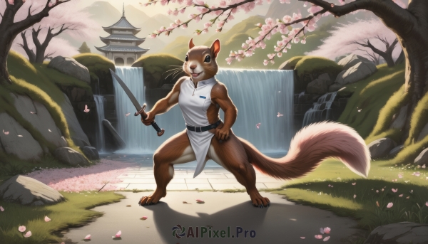 solo,looking at viewer,1boy,holding,animal ears,standing,tail,full body,weapon,male focus,outdoors,sleeveless,belt,sword,water,holding weapon,tree,petals,muscular,animal,holding sword,katana,grass,muscular male,cherry blossoms,pelvic curtain,furry,rock,furry male,architecture,east asian architecture,river,waterfall,brown fur,tanuki,squirrel,pond,smile,open mouth,blue eyes,flower,teeth,day,no humans,shadow,nature,scenery,mountain,fighting stance,branch,falling petals,cliff,petals on liquid