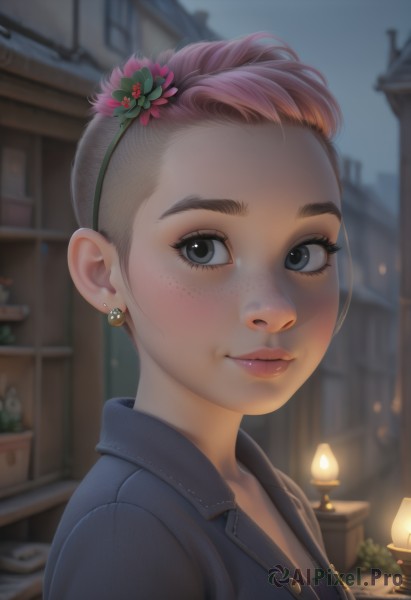 1girl,solo,looking at viewer,blush,smile,short hair,brown hair,shirt,hair ornament,jewelry,closed mouth,jacket,upper body,pink hair,flower,hairband,earrings,outdoors,artist name,indoors,hair flower,blurry,black eyes,from side,lips,grey eyes,eyelashes,makeup,night,depth of field,blurry background,freckles,nose,lamp,mascara,denim jacket,hair bun,single hair bun,thick eyebrows,denim,blue jacket,portrait,forehead,realistic