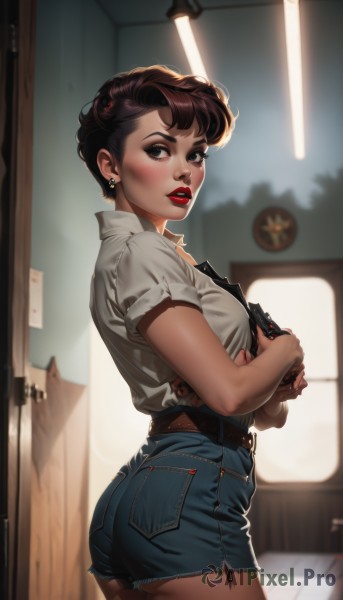 1girl,solo,breasts,looking at viewer,blush,short hair,brown hair,shirt,hair ornament,holding,brown eyes,jewelry,medium breasts,standing,white shirt,weapon,ass,short sleeves,thighs,cowboy shot,earrings,parted lips,shorts,teeth,collared shirt,belt,looking back,indoors,holding weapon,blurry,black eyes,from side,lips,gun,torn clothes,short shorts,makeup,blurry background,denim,lipstick,holding gun,handgun,blue shorts,denim shorts,nose,red lips,stud earrings,holster,cutoffs,bangs,black hair,small breasts,outdoors,day,looking to the side,no bra,underboob,eyeshadow,black belt,shirt tucked in,torn shirt,mascara,shoulder holster