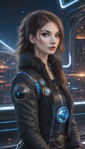 1girl,solo,long hair,looking at viewer,brown hair,long sleeves,jewelry,green eyes,jacket,upper body,earrings,outdoors,parted lips,open clothes,sky,belt,necklace,open jacket,lips,coat,black jacket,fur trim,makeup,night,lipstick,night sky,science fiction,nose,red lips,leather,leather jacket,breasts,bangs,closed mouth,ponytail,artist name,signature,from side,eyelashes,star (sky),eyeshadow,starry sky,backlighting,fur collar,realistic,emblem,badge,mascara,city lights