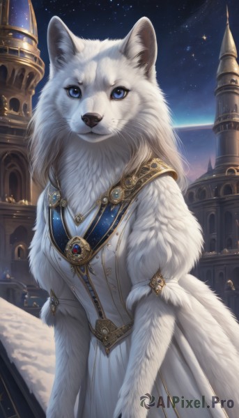 1girl,solo,long hair,looking at viewer,blue eyes,dress,jewelry,closed mouth,standing,outdoors,sky,necklace,white dress,no humans,night,animal,brooch,building,gem,star (sky),night sky,furry,starry sky,gold trim,furry female,white fur,fur,fluffy,animal focus,wolf,constellation,oversized animal