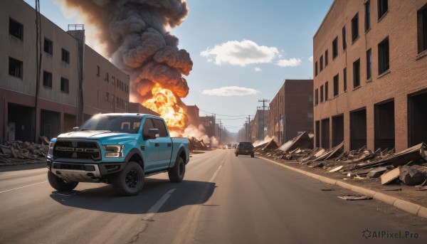 outdoors,sky,day,cloud,blue sky,no humans,window,shadow,fire,ground vehicle,building,scenery,motor vehicle,smoke,city,car,road,explosion,vehicle focus,power lines,street,utility pole,debris,dust,destruction,truck,battle