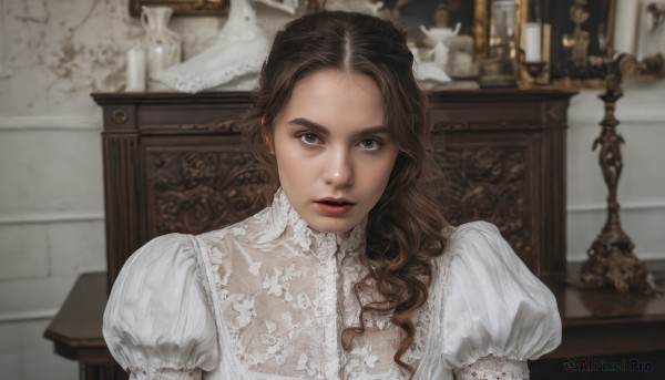 1girl,solo,long hair,looking at viewer,brown hair,dress,brown eyes,sitting,upper body,parted lips,puffy sleeves,indoors,white dress,blurry,lips,grey eyes,makeup,wavy hair,chair,lipstick,juliet sleeves,lace trim,lace,curly hair,realistic,red lips,candle,straight-on,painting (object),long sleeves,puffy short sleeves,table,portrait,lace-trimmed dress,candlestand,lace-trimmed sleeves