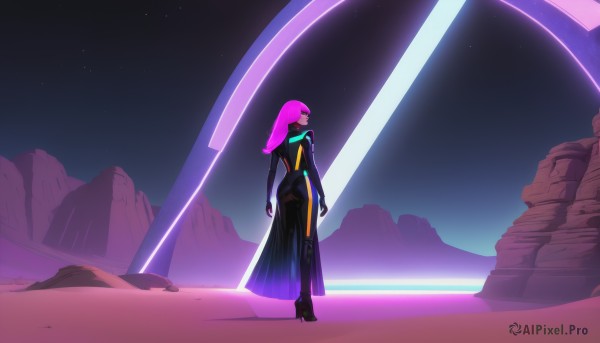 1girl,solo,long hair,looking at viewer,bangs,gloves,standing,full body,pink hair,purple hair,ass,sky,looking back,from behind,high heels,bodysuit,glowing,star (sky),starry sky,science fiction,arms at sides,black bodysuit,space,neon trim,skirt,boots,outdoors,black footwear,night,high heel boots