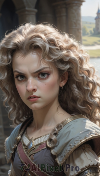 1girl,solo,long hair,breasts,looking at viewer,blush,blue eyes,blonde hair,brown hair,jewelry,closed mouth,collarbone,upper body,earrings,outdoors,day,artist name,armor,mole,blurry,lips,grey eyes,eyelashes,blurry background,wavy hair,thick eyebrows,messy hair,freckles,curly hair,serious,realistic,nose,castle,parted lips