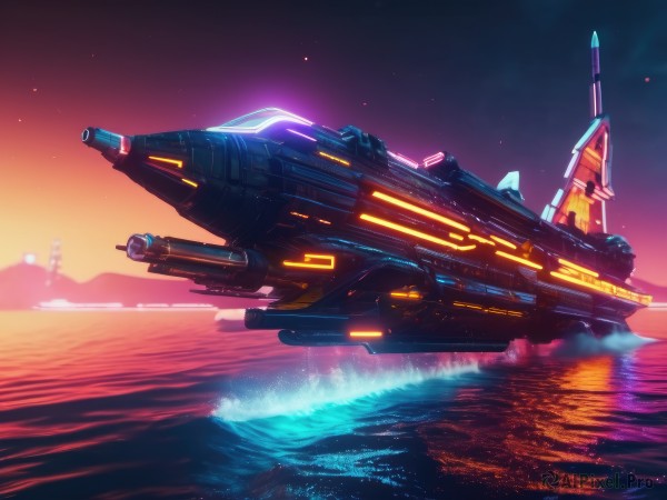 A spacecraft in a tranquil sunset outdoors