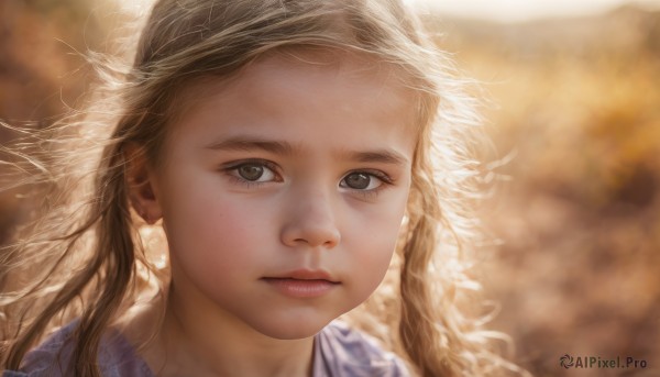 1girl,solo,long hair,looking at viewer,brown hair,brown eyes,closed mouth,blurry,lips,grey eyes,depth of field,blurry background,expressionless,portrait,close-up,forehead,freckles,realistic,nose,artist name,signature,eyelashes,sunlight,wind