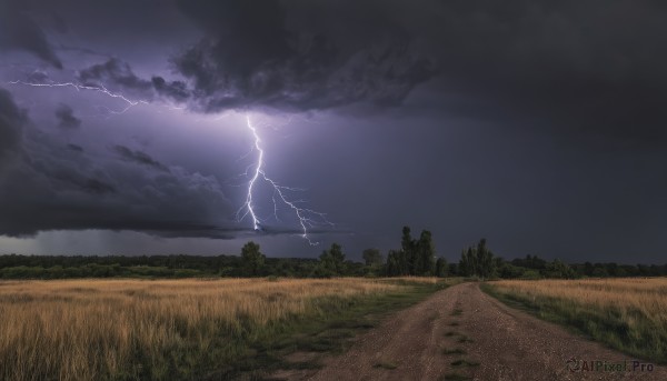 outdoors,sky,cloud,water,tree,no humans,night,cloudy sky,grass,nature,scenery,forest,mountain,electricity,road,field,river,lightning,landscape,path,horizon,dark